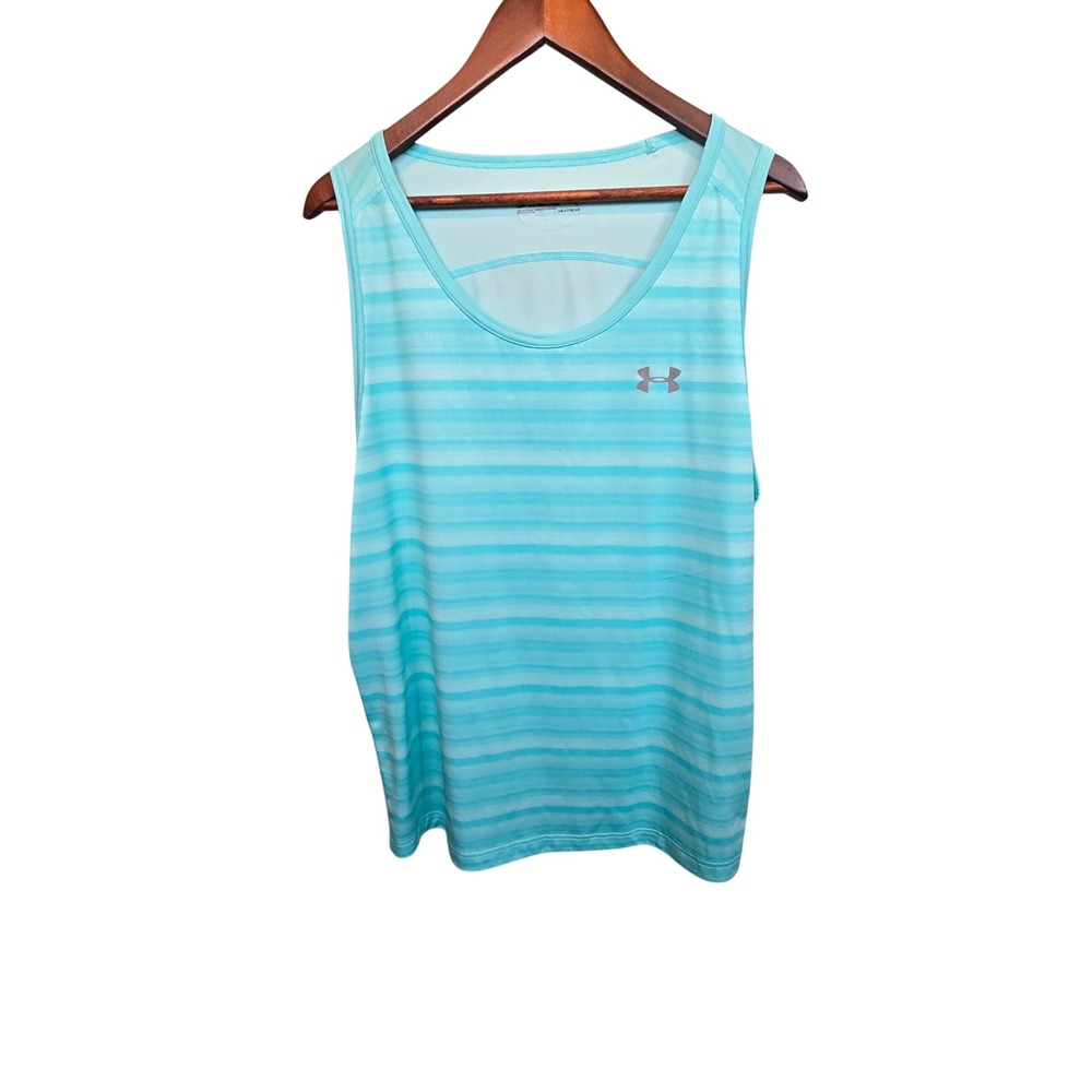 Under Armour Tank‎ Top XL Teal Striped HeatGear Loose Fit Shirt Flaw